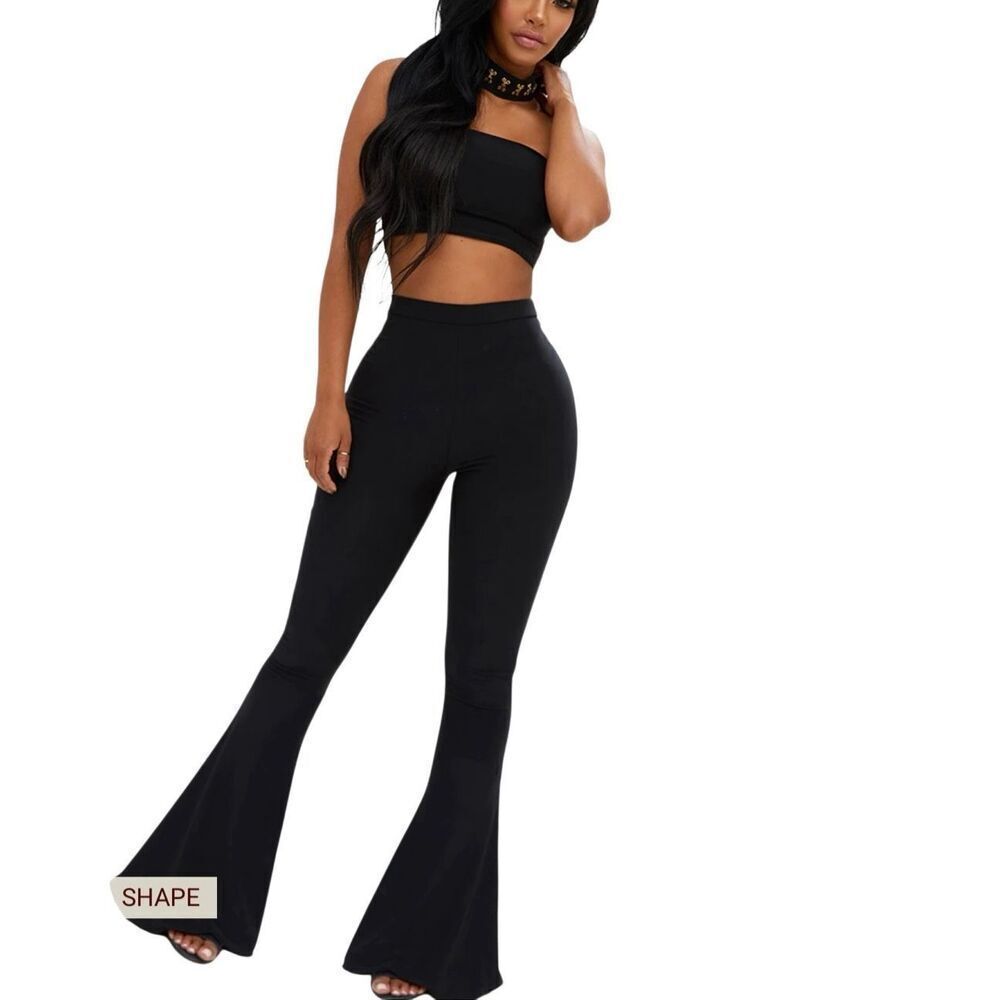 Pretty Little Thing High Rise Full Length Pull On Flare Black Pants Large